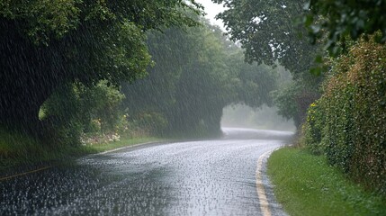 A countryside road nearly invisible due to the intense downpour of heavy rain.
