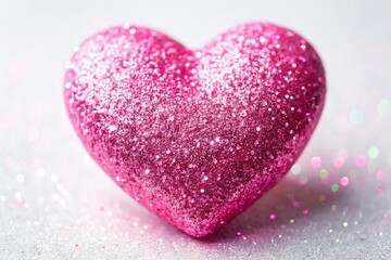 Obraz premium Glowing Pink Glitter Heart, Isolated White Background, Valentine's Day Design Element
