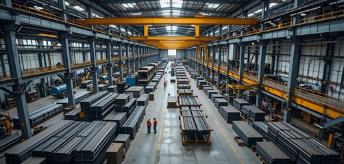 Fototapeta premium High-tech steel warehouse with workers and metal products