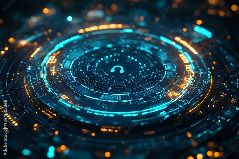 Poster futuristic circular technology pattern with glowing blue and orange lights creating dynamic spiral c