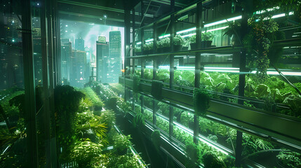Futuristic Vertical Farming: AI-Driven Urban Agriculture with Smart Technology in a High-Tech Cityscape