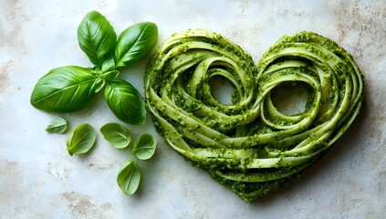 Obraz premium Fresh pasta shaped as heart with green basil pesto sauce and aromatic herbs on light marble background, romantic Italian cuisine concept.