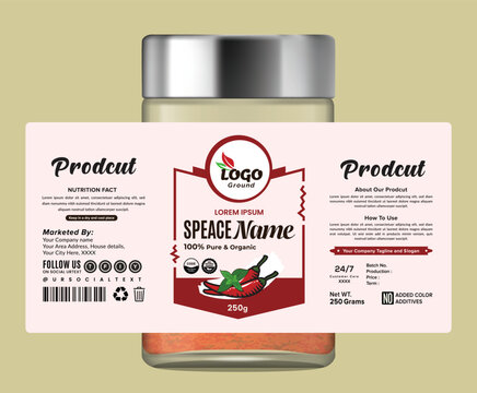 Modern spice natural label design with bold typography and a clean layout of food packaging and organic product branding, designed for jars, bottles, or food pouches.