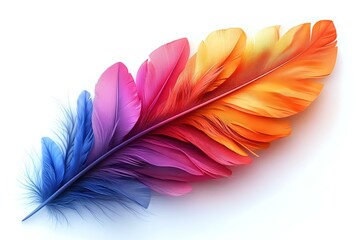 Obraz premium Colorful rainbow feather with gradient from blue to orange on white background, isolated design element for creative projects and decorative artwork.