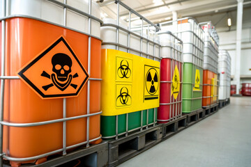 A row of hazardous material barrels with warning labels, including symbols for poison, biohazard, and radiation, stored in a warehouse.
