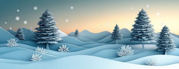 Winter Wonderland Minimalist Paper Cut Art Snow Trees Snowflakes Dreamy Glow Background