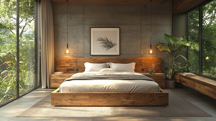 Modern bedroom with wooden furniture, large windows, and lush greenery outside