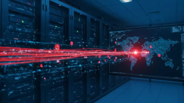 Server room with world map showing red data stream, cyber attack concept. Data center security, global network vulnerability, information warfare theme. Use for technology, business, government