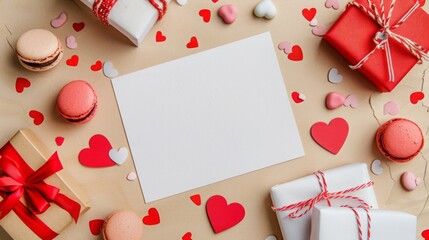 Romantic Happy Valentine's Day Card Template with Hearts, Macarons and Gifts on Beige Background, Flat Lay Top View Design Layout for Greeting Card, Poster, or Banner