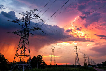 A dramatic sunset illuminates a landscape with towering power lines, framed by stormy clouds and vibrant colors.