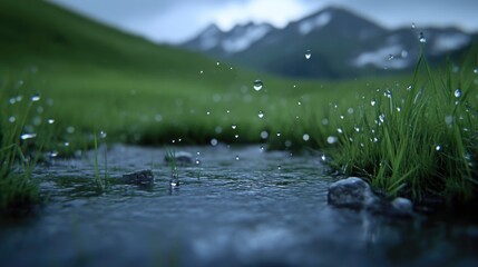 Obraz premium Rain drops fall on a mountain stream