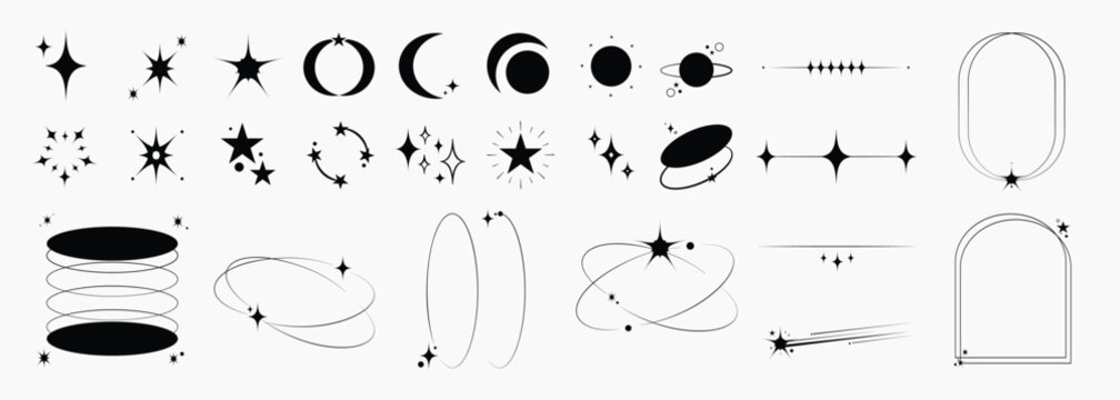 Set of abstract geometric shapes element vector. Collection of contemporary figure, circle, flower, sparkle, triangle, line ,frame, star. Design element for banner, prints, stickers, decor, icon.