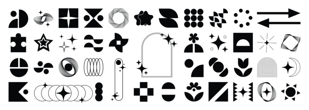 Set of abstract geometric shapes element vector. Collection of contemporary figure, circle, flower, sparkle, triangle, line ,frame, star. Design element for banner, prints, stickers, decor, icon.