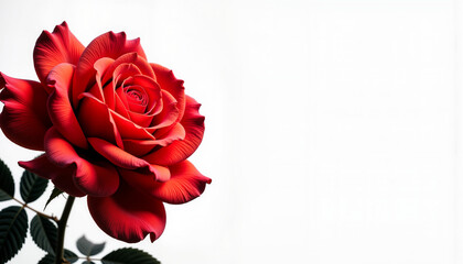 Vibrant red rose blooming against a white background  