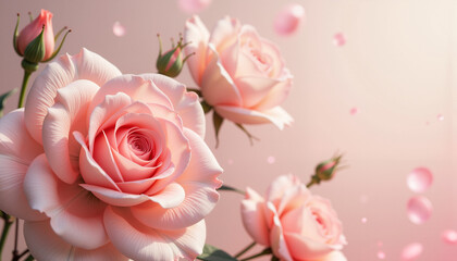 Obraz premium Blooming pink roses with water droplets against a soft background 