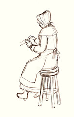 Pencil drawing. Antique old woman