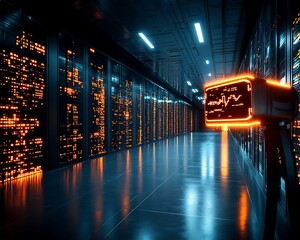 A data center corridor with servers and monitoring equipment