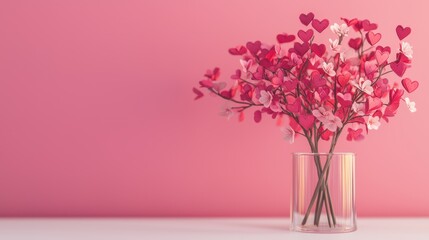 Fototapeta premium Pink Heart-Shaped Flowers in Clear Vase Against Soft Pink Background Enhancing Romantic Atmosphere