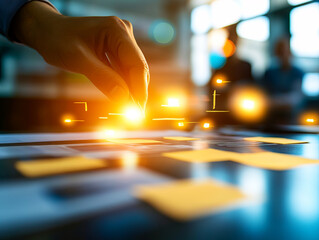 hand placing glowing element on vision board, symbolizing teamwork and innovation in collaborative workspace