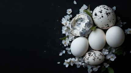 Easter eggs, cheese, and spring blossoms arranged on a dark background.  Delicate white blossoms surround speckled eggs and a section of creamy cheese