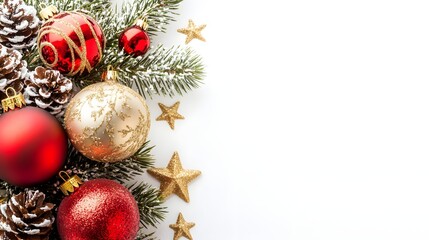 Festive Christmas Decorations with Ornaments Pine Cones and Golden Stars on White Background