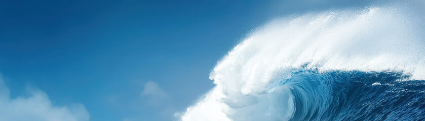 giant ocean swell crashing down, highlighting water power and beauty against clear blue sky