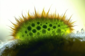 Fototapeta premium Microscopic View of Green Spiky Organism on Textured Surface with Soft Lighting