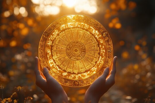Glowing Zodiac Wheel in Mystical Hands with Dreamy Sunset Background