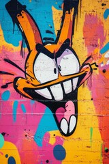 Obraz premium Cartoonish graffiti monster on colorful brick wall.