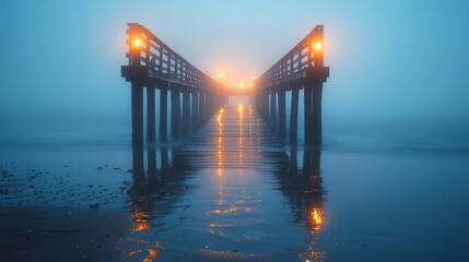 Obraz premium Moody Seaside Pier at Dusk Foggy Evening