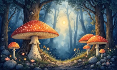 Enchanting forest with vibrant mushrooms