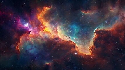 A breathtaking cosmic dance of fiery orange and deep teal nebulae, swirling amidst a tapestry of stars in a vibrant, ethereal display.