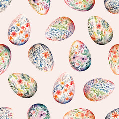 Colored watercolor Easter eggs with flowers on pink background.  Easter seamless pattern, vector illustration.  Texture for fabric, wrapping, wallpaper, print