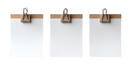Trio of Clipboards: A top-down view of three identical clipboards, each featuring a blank paper and a metallic clip, arranged in a row, ready for notes or messages