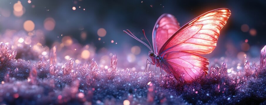 Stunning Fantasy Butterfly with Crystal Wings on Blue Stone in Surreal Landscape