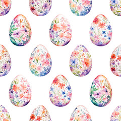 Colored watercolor Easter eggs with flowers on white background.  Easter seamless pattern, vector illustration.  Texture for fabric, wrapping, wallpaper, print