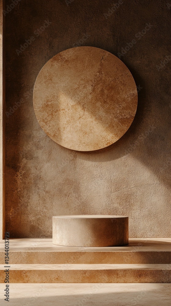 Poster Textured walls in warm beige tones create a serene backdrop for a simple circular art piece and a cylindrical platform. Soft light highlights the elegant shapes, enhancing the peaceful ambiance