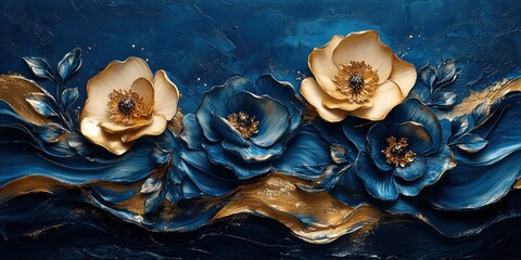 luxurious abstract floral painting with gold and blue tones modern expressionism botanical art