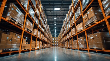 Fototapeta premium Spacious warehouse interior with tall racking systems and neatly stacked pallets. Perfect for logistics, storage, and industrial business themes.