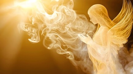 Ethereal Angel Silhouette Bathed in Golden Light with Wisps of Smoke in Spiritual Atmosphere
