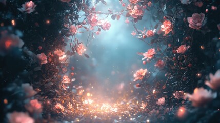 Fototapeta premium An enchanted floral frame with magical glowing flowers and vines, ethereal mist, and soft luminescent tones, evoking a whimsical and dreamy atmosphere