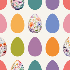 Colored watercolor Easter eggs with flowers on white background.  Easter seamless pattern, vector illustration.  Texture for fabric, wrapping, wallpaper, print