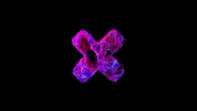 Cross, X symbol reveals with multicolor fast moving particles that form storm-like structures that shine, glow and slowly disappear. Abstract 3d animation on transparent background.