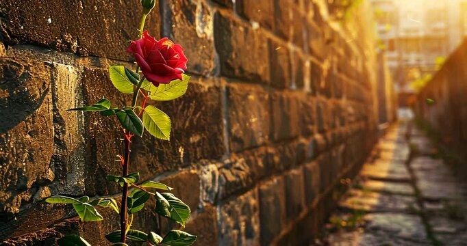 Blooming rose in city alley during golden hour captures beauty of nature amid urban landscape