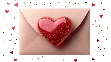 Envelope of Love: A close-up shot of a delicate envelope adorned with a glistening heart, surrounded by scattered heart confetti, capturing the essence of romance and heartfelt sentiments.