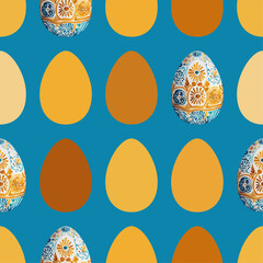 Colored watercolor Easter eggs with flowers on blue background.  Easter seamless pattern, vector illustration.  Texture for fabric, wrapping, wallpaper, print