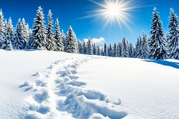 Sunny Winter Day in Snow Covered Forest Footprints in Pristine Snow