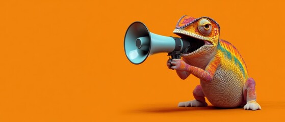 colorful chameleon with megaphone on yellow background announcing in park