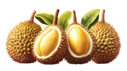Tropical Delight: A collection of spiky durian fruits, with one expertly sliced open to reveal the creamy, golden flesh, sits invitingly. Capturing the unique texture and vibrant hues.