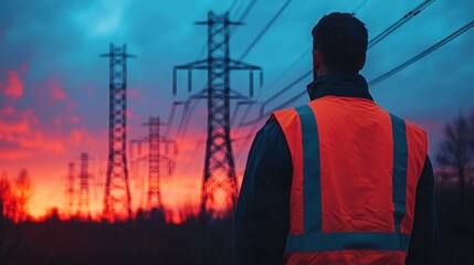 Worker in Bright Safety Vest Watching Power Lines Against Dramatic Sunset Sky with Colorful Clouds
